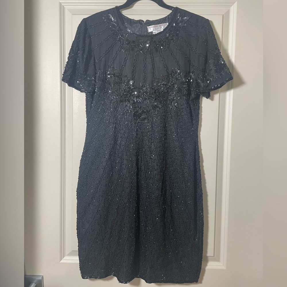 Adrianna Papell Evening Vintage Black Beaded Cocktail Dress Size 12 Petite Silk